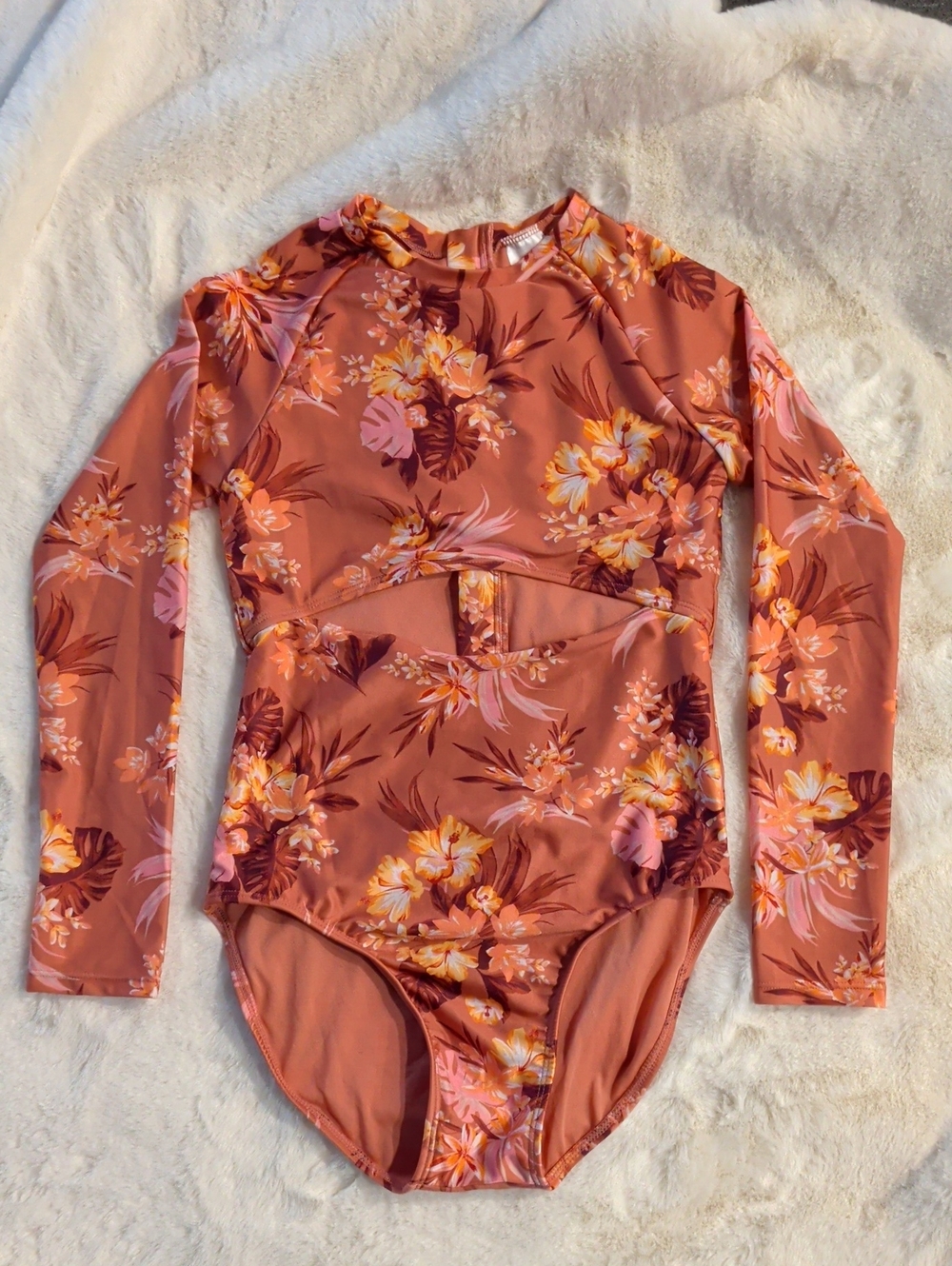 Art Class Rust Floral Long-Sleeve Girls' Rashguard One-Piece